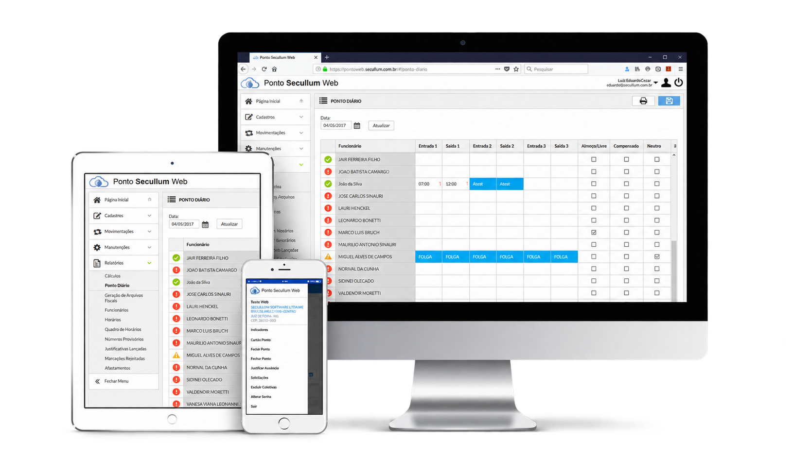 Interface do Secullum Ponto Web em computador, tablet e celular